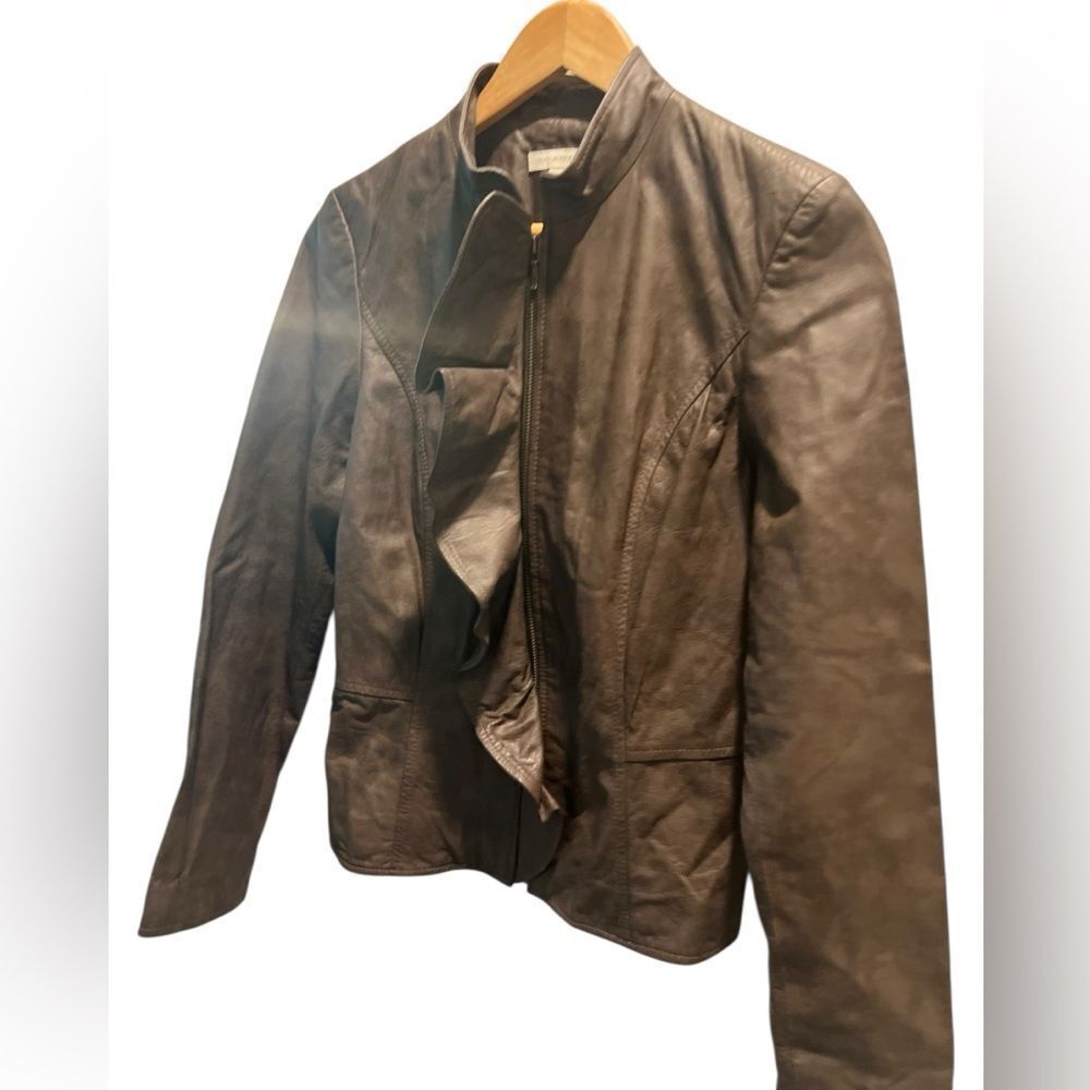 Boston Proper 100% Leather Asymmetrical Ruffle Zip Jacket Size 6